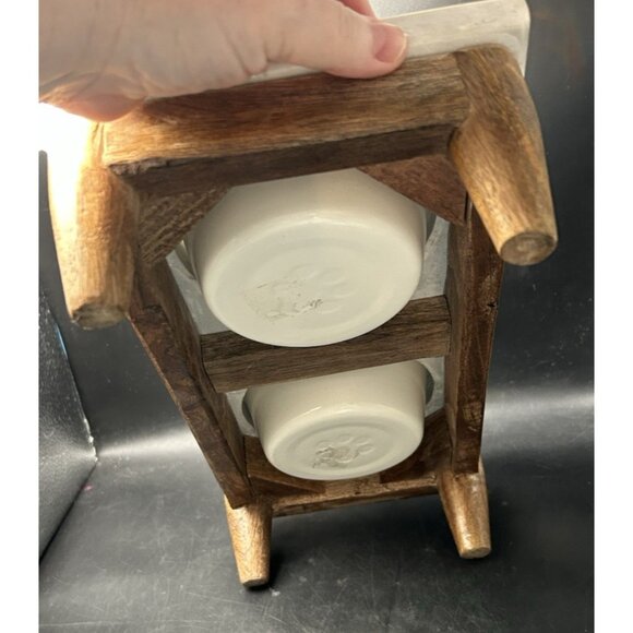 Elevated Pet Feeder x 2 Enamel Bowl Set Oak Hard Wood Base Marble Top Dog Cat - Picture 4 of 14